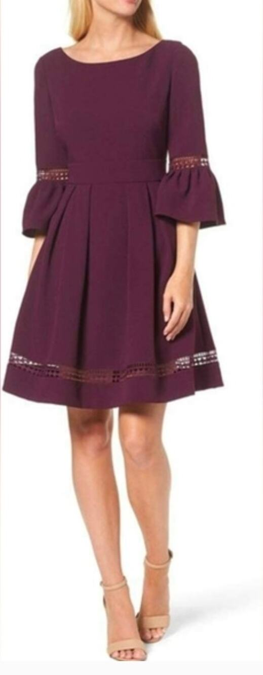 Eliza J Purple Bell Sleeve Lattice Trim Dress